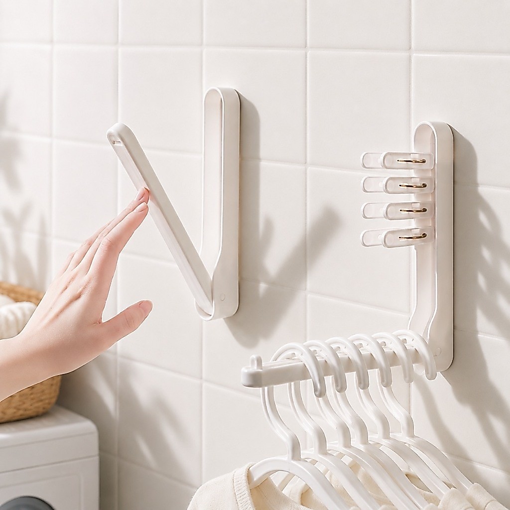 【COTTONO コットンノ】WASH601 ที่แขวนไม้แขวนเสื้อติดผนังแบบพับเก็บได้ พร้อมที่หนีบผ้าในตัว (2-in-1)