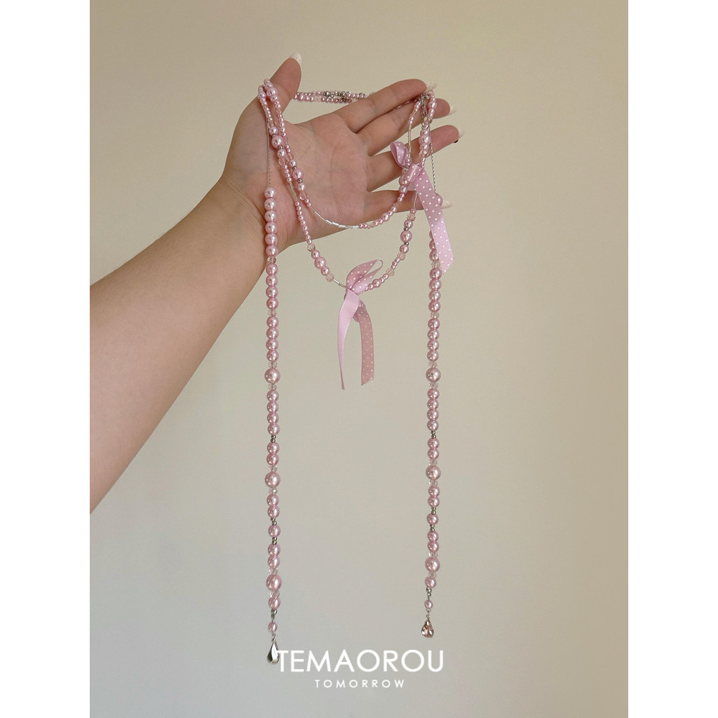 สร้อยคอมุก จี้สร้อยคอ Coquette with Edge Sweet Girl Heart Polka Dot Bow Pink Pearl Long Necklace Swe