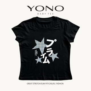 (พร้อมส่ง24ชม.) YONO baby tee สีขาว ลายดาวลายตารางและตัวอักษรญี่ปุ่น ทรงเข้ารูป ลุคเกาหลี y2k