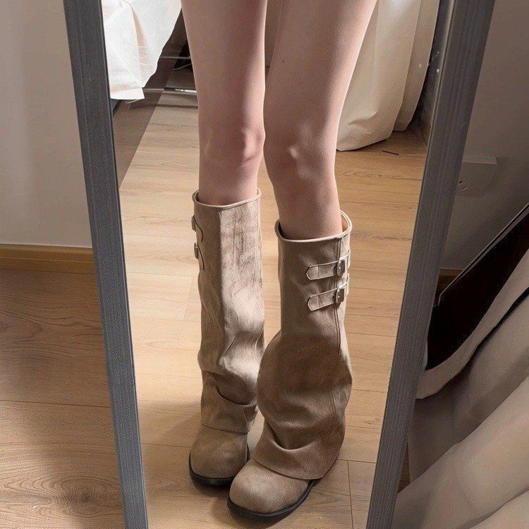 Merad Frosted Suede Double Buckle จีบซ้อนรองเท้าผู้หญิงแบน Retro Slimmer ดูขากว้าง Western กางเกง Rider รองเท้า
