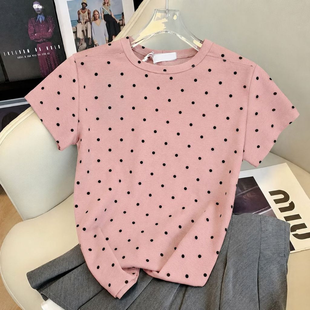 YEJIN เสื้อยืดผู้หญิง Polka Dot Premium Knit Womens Top