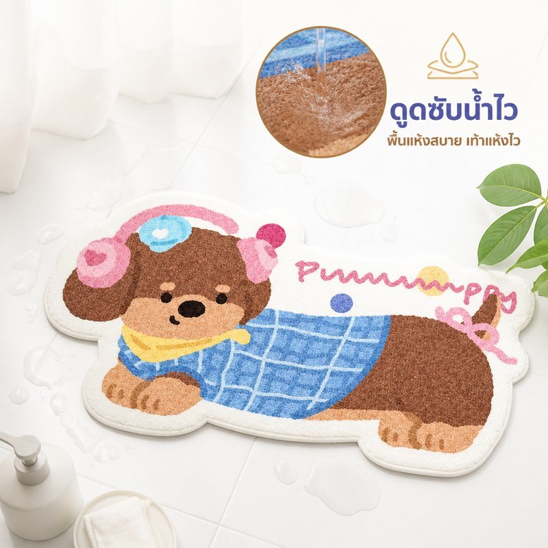พรมเช็ดเท้า ไดอะตอม ลายดัชชุนด์ ดูดซับน้ำเร็ว แห้งไว กันลื่น ซักได้ ใช้ได้ห้องน้ำ ทางเข้าบ้าน