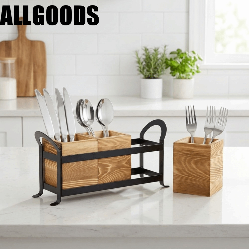 ALLGOODS 3 ช่องผู้ถือช้อนส้อม,พร้อมที่จับไม้กล่องเก็บบนโต๊ะอาหาร,ชนบทความจุขนาดใหญ่ประหยัดพื้นที่ Flatware Organizer แปรงแต่งหน้า