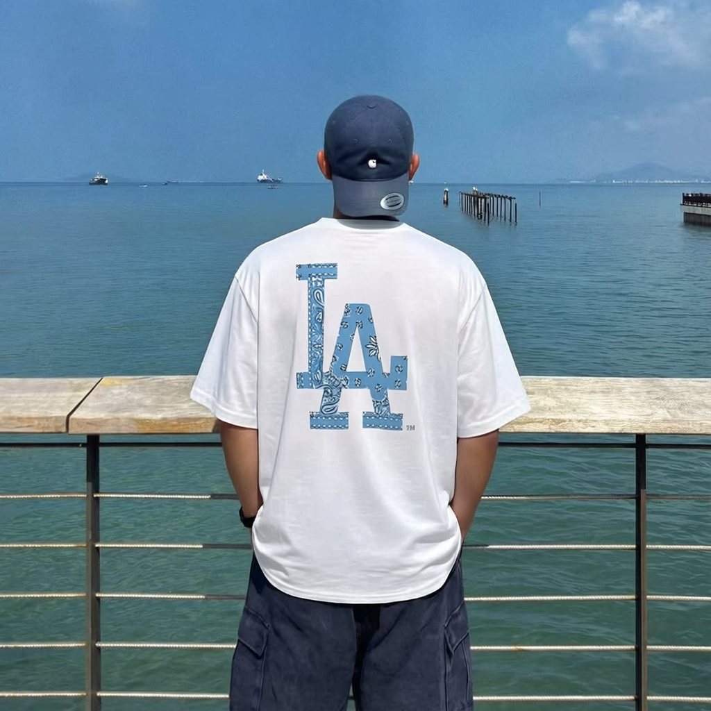 MBL Los Angeles Dodgers ผู้ชายและผู้หญิง LA พิมพ์หลวมรอบคออเนกประสงค์แขนสั้น