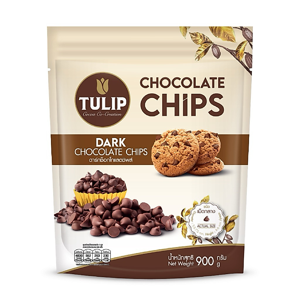 Tulip ทิวลิป ดาร์ก ช็อกโกแลตชิพส์ เม็ดกลาง 900กรัม (ถุงใหญ่)