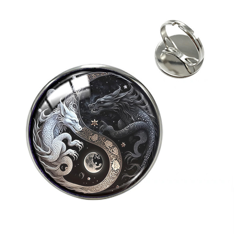 Yin Yang Twins สีดําสีขาว Cat โลหะผสมเปิดแหวน Sweet Cool Dark สไตล์ปรับผู้ชายผู้หญิง All-Match แหวน