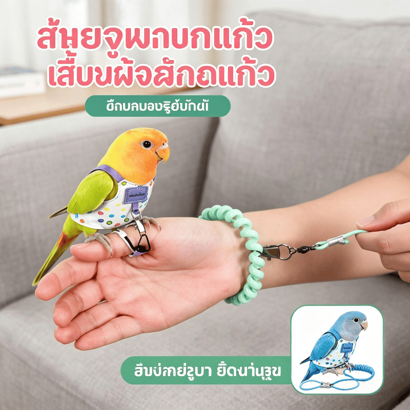 สายจูงนกแก้วแบบยืดได้ ชุดเสื้อผ้านกแก้ว พร้อมสายเชือกฝึกบิน ยาว 2 เมตร สายรัดนก