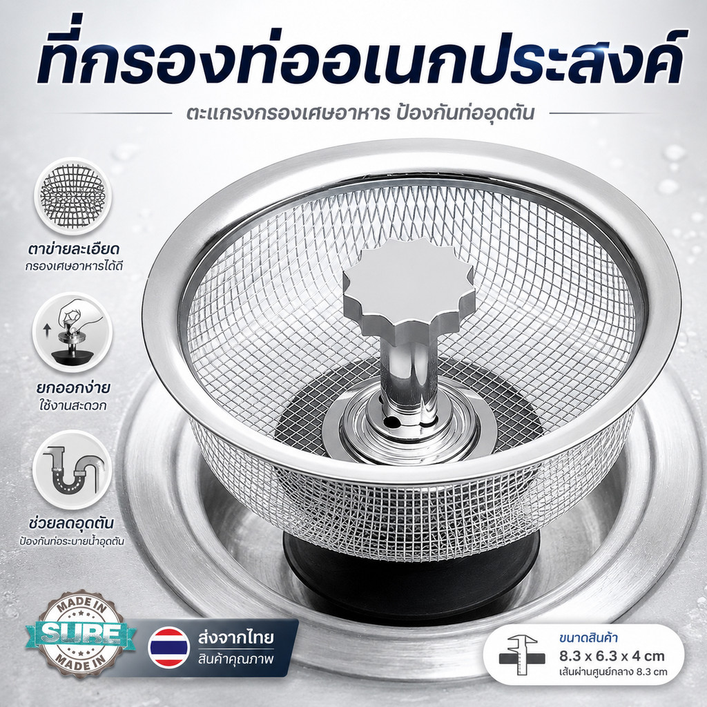 ที่กรองเศษอาหารในอ่างล้างจาน สแตนเลสคุณภาพสูง ป้องกันท่ออุดตัน ออกแบบเพื่อใช้งานในครัวและห้องน้ำ