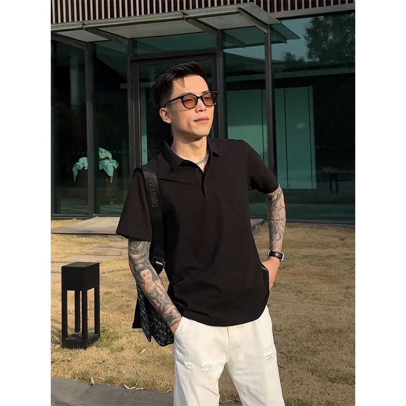 Yuppie High-End Feeling สีดําปิดไหล่แขนสั้นเสื้อยืดผู้ชายฤดูใบไม้ร่วงบางสไตล์ธุรกิจ Commuter Cool Fe