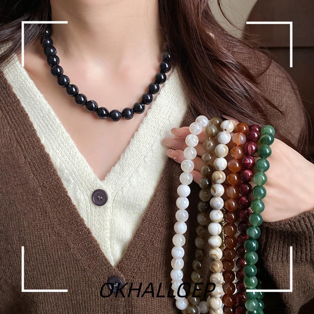 IOKHALLO สร้อยคอลูกปัดกลม, สร้อยคอโชคเกอร์อะคริลิค Smudging, Marble Multi-Color Ombre Collarbone Cha