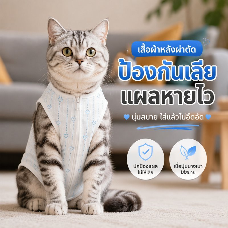 เสื้อหลังผ่าตัดแมว เสื้อทำหมันสุนัข ชุดกันเลียแผล ผ้าคอตตอนนิ่ม ตีนตุ๊กแก ใส่ง่าย