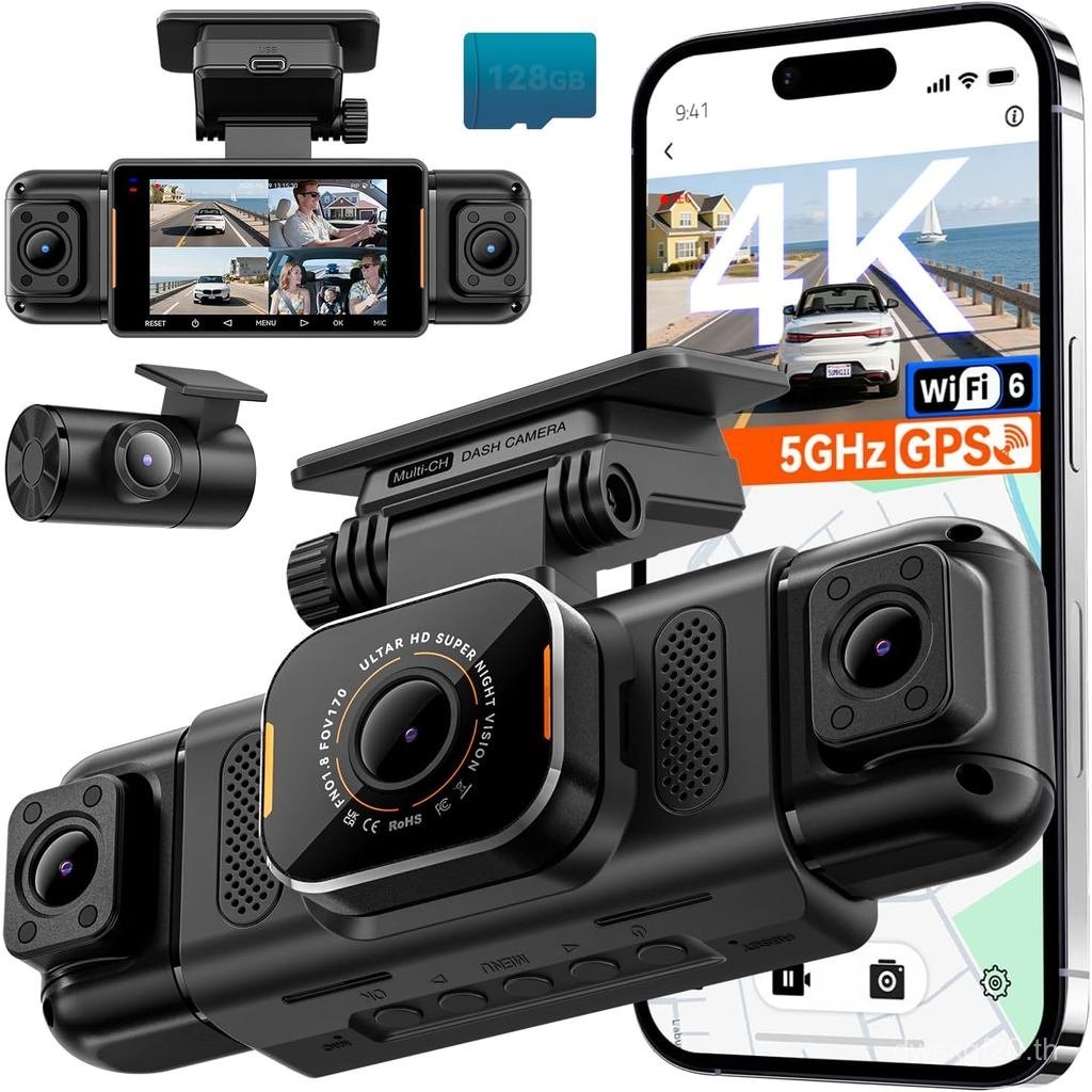 N5 PRO 4K Dash Cam, 360° มุมมองรอบด้าน 1080P ด้านหลังและภายใน 5G WiFi 6 - โหมดที่จอดรถสูงสุด 10MB/s 