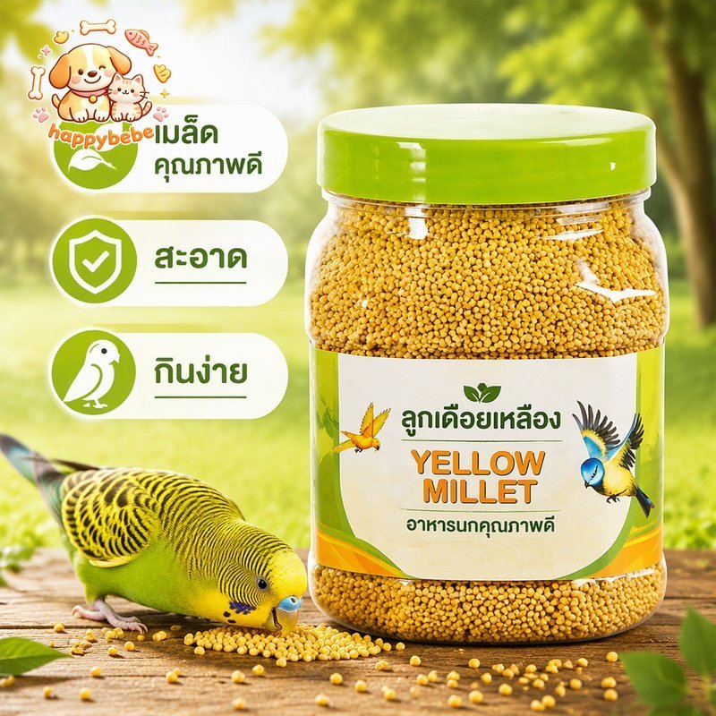 อาหารนก ลูกเดือยเหลือง เมล็ดข้าวฟ่างเต็มเปลือก 1200ml อาหารนกแก้ว นกหงส์หยก เลิฟเบิร์ด