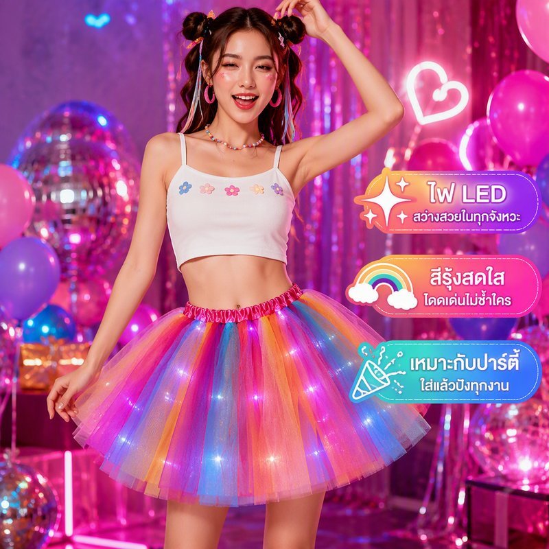 สาว LED Tutu กระโปรง Rainbow Light Up Party เครื่องแต่งกายฟรีขนาดแบตเตอรี่เปลี่ยนชุดเต้นรํา
