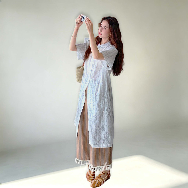 Red Berry ชุดเซ็ตลายทางทรงหลวมสำหรับผู้หญิง เหมาะสำหรับฤดูร้อน สไตล์เรียบหรูดูดี#99550