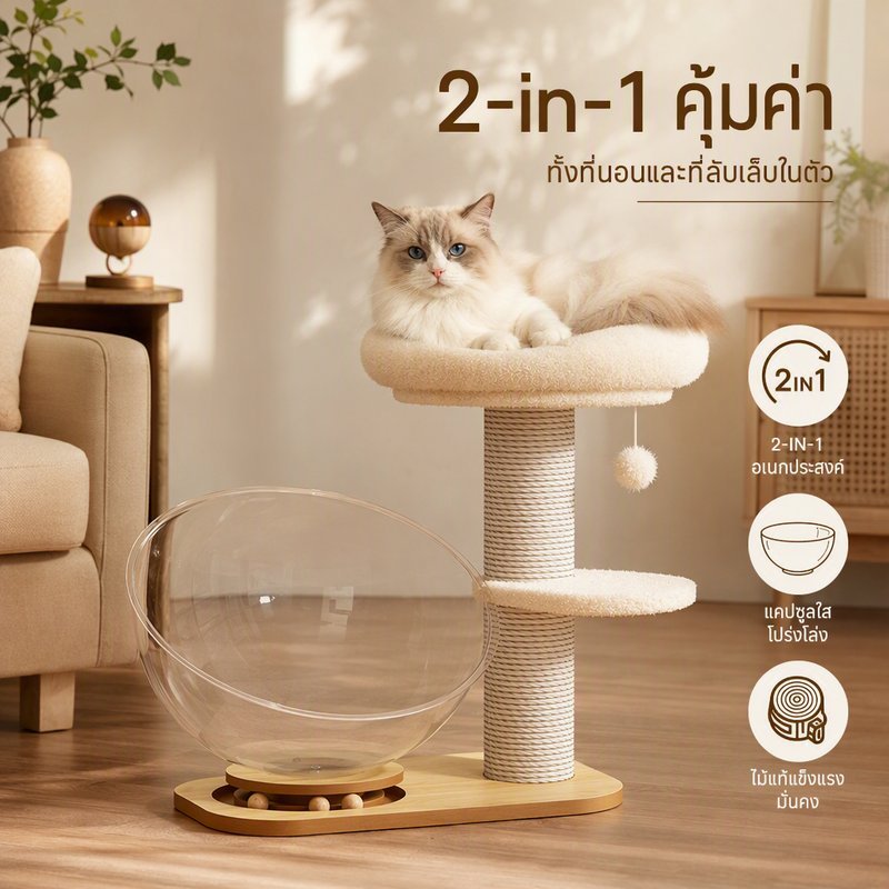 หลุมแมว อะคริลิคใส 2in1 บ้านแมวพร้อมที่นอนทรงอวกาศ ของเล่นหมุน ฐานไม้แข็งแรง