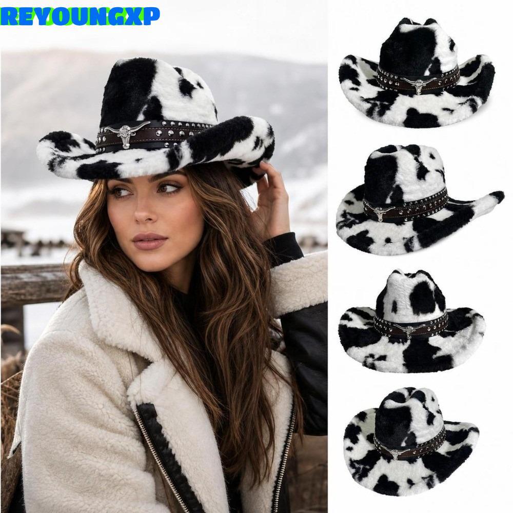 REYOUNGXP Plush Western Hat, Wind Resistance Rivet Strap Cow Print Cow Hat, Vintage Wide Brim Decora