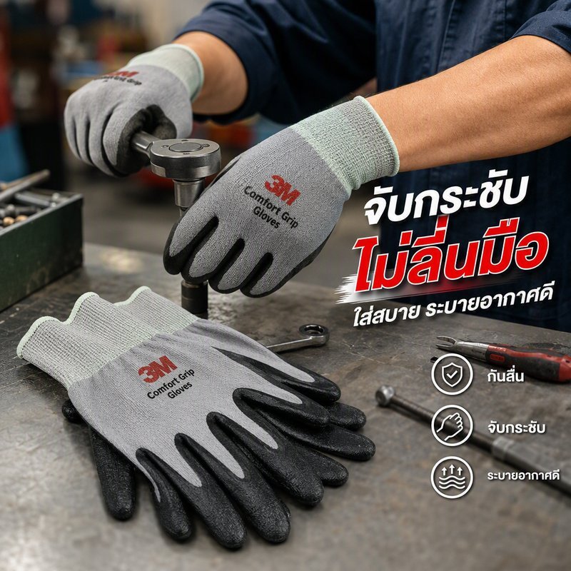 ถุงมือกันลื่น 3M ไนล่อนเคลือบไนไตร PU กระชับมือ ระบายอากาศ งานช่าง งานคลัง M L XL