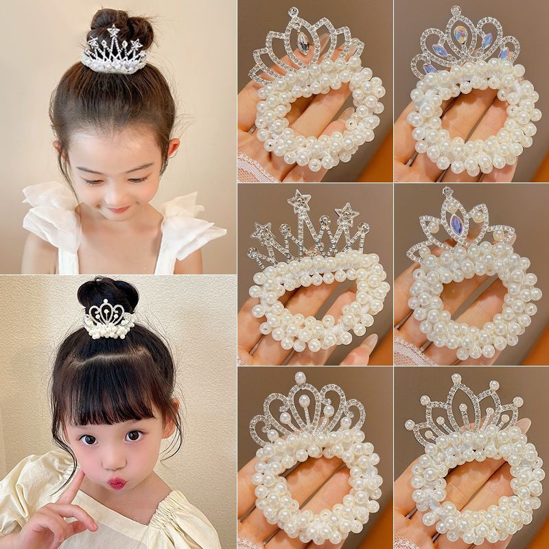 COZII ยางรัดผมรูปมงกุฎเจ้าหญิง ยางรัดผมประดับคริสตัล ยางรัดผมมุก ยางรัดผมสำหรับเด็กผู้หญิง ยืดหยุ่นสูง