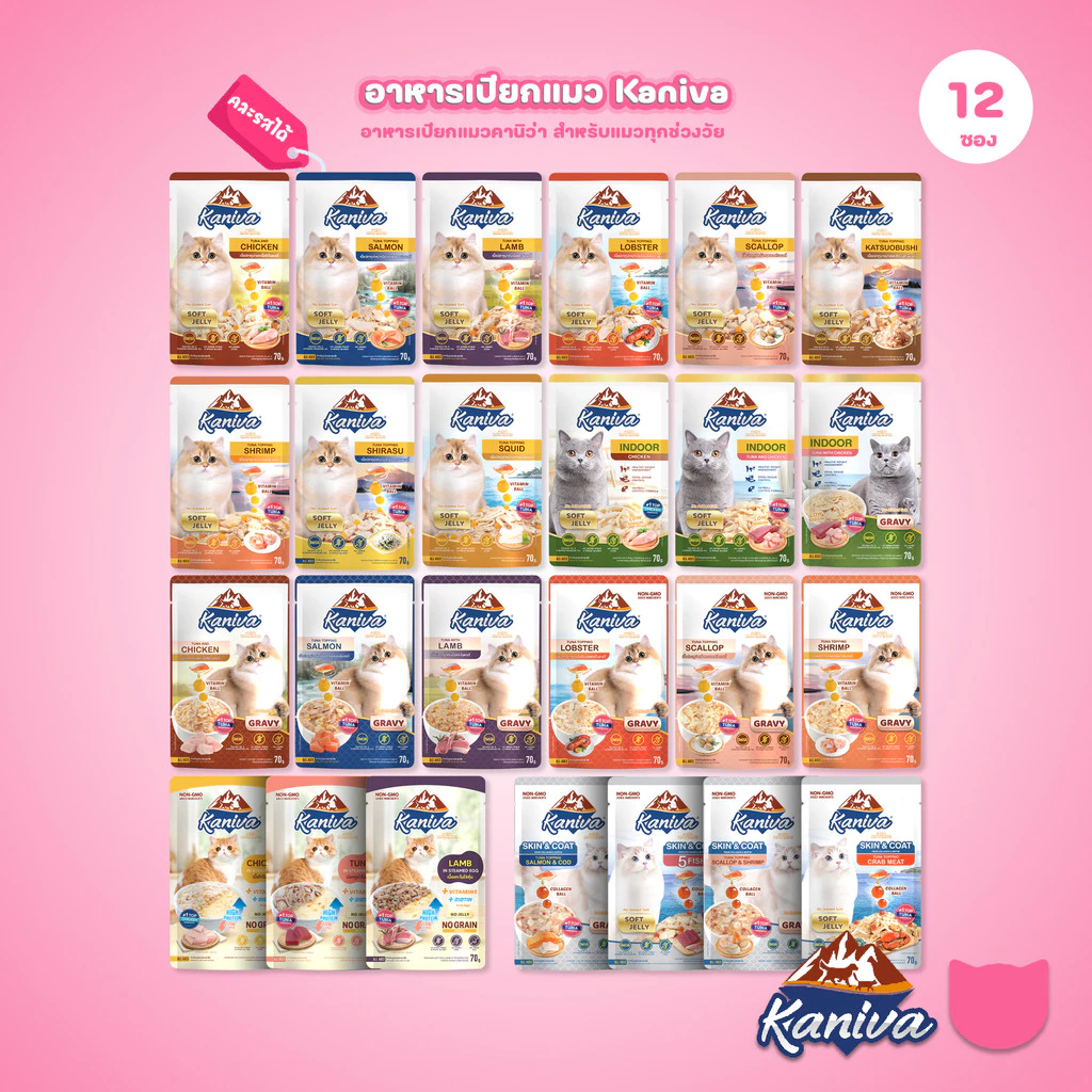 [ยกโหล 12 ซอง] Kaniva Pouch อาหารเปียกแมว คานิว่า แบบซอง ขนาด 70 กรัม