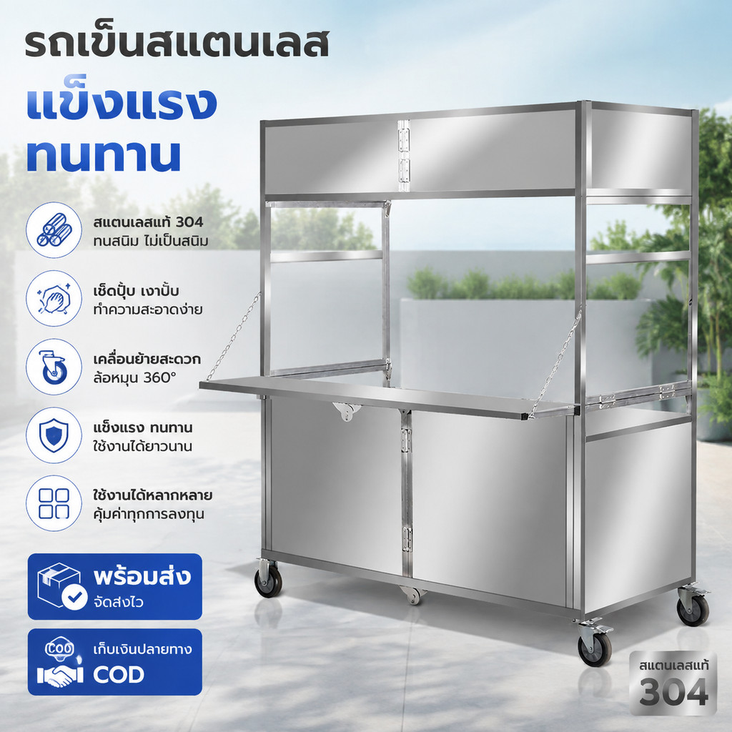 🚚COD💨 รถเข็นขายของพับได้ สแตนเลส ล้อใหญ่ เคลื่อนย้ายง่าย ใช้ขายอาหารต่างๆ ในตลาดกลางคืน