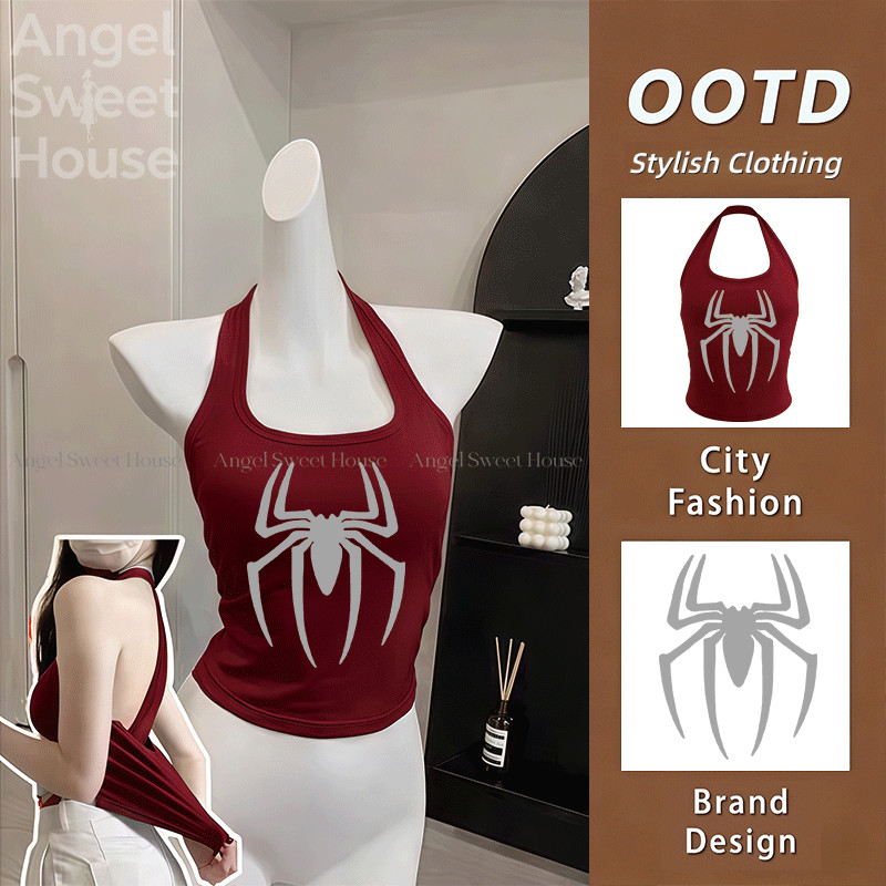 (COD）Angle Official เสื้อกล้ามคอหญิง ลายแมงมุมสวยงาม สไตล์Y2K เรโทรเกาหลี ผ้านุ่มสบาย ใช้ได้ทุกโอกาส G16