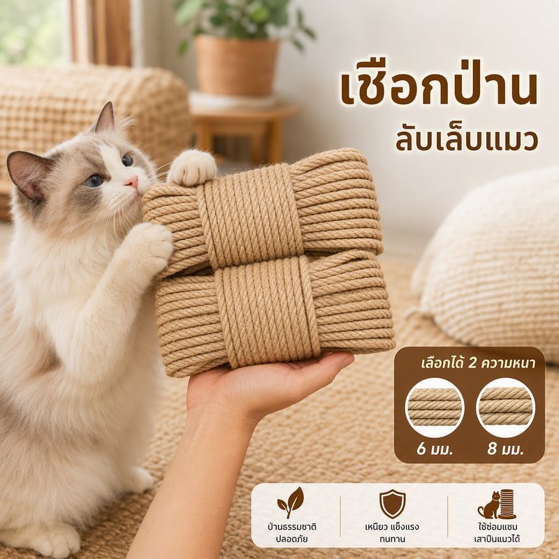 เชือกป่านศรนารายณ์ พันเสาลับเล็บแมว 6mm 8mm ยาว 100m 200m เชือกซ่อมคอนโดแมว Diy