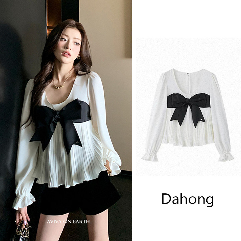 Dahong 99568  เสื้อเชิ้ตทรงสลิมดีไซน์นัวเนียคอวีแบบฝรั่งเศสที่อ่อนโยนและเรียบง่าย