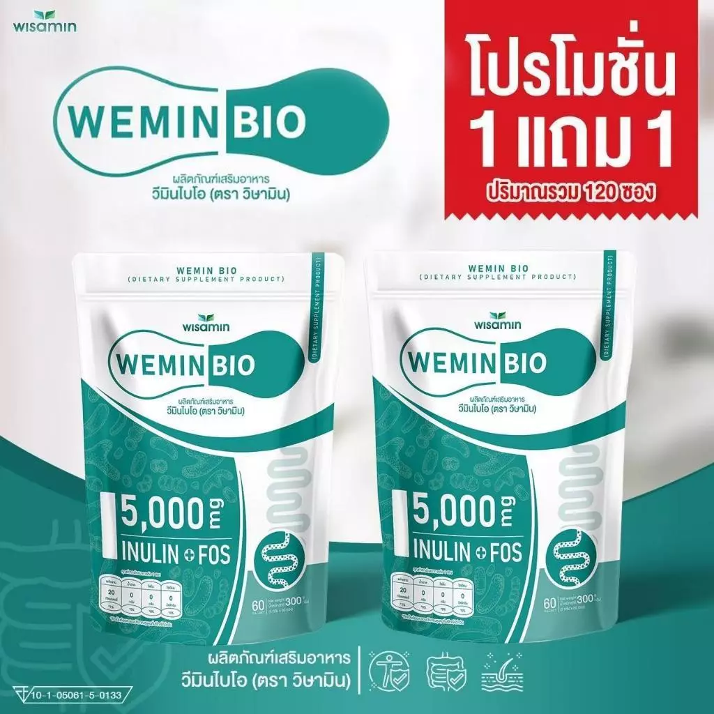 (ซื้อ 1 แถม 1) PRE BIO พรีไบโอ วีมิน ผลิตภัณฑ์พรีไบโอติก (อินนูลิน FOS 5,000 mg./ซอง) ตราวิษามิน แพคคู่ 2 ห่อ 120 ซอง