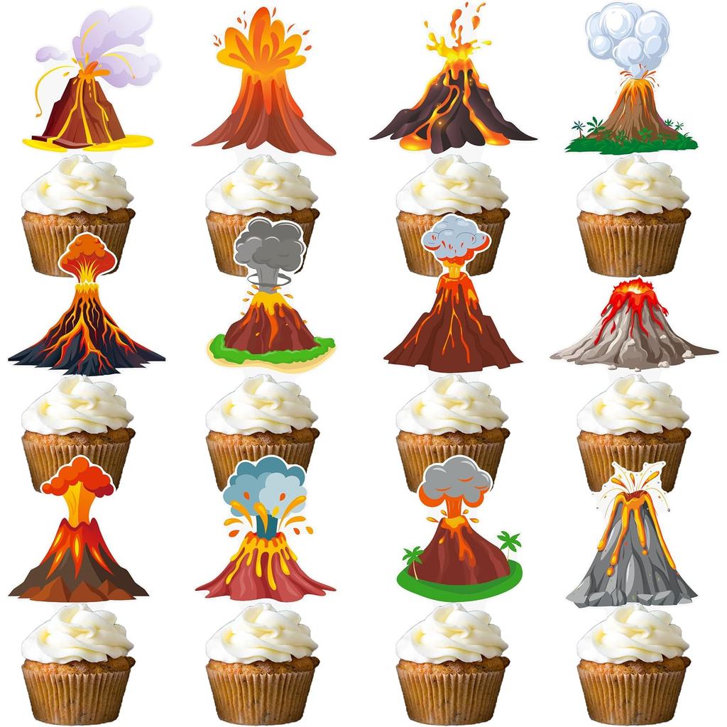 48 ชิ้น Volcano Cupcake Toppers Lava Volcano Party ตกแต่ง Volcano Theme Cupcake ตกแต่งสําหรับวิทยาศา