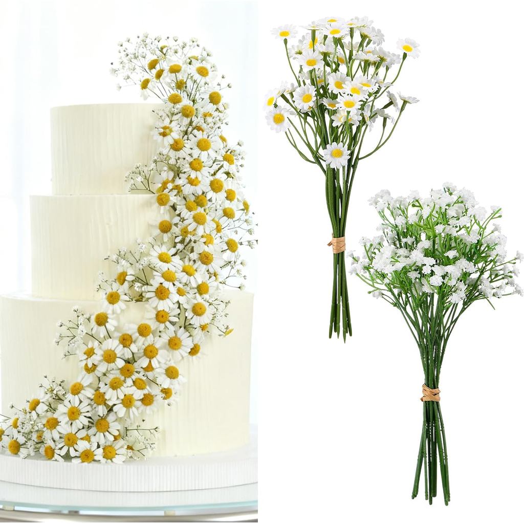 ดอกไม้ประดิษฐ์เค้ก Toppers 24 ชิ้น Daisies & Babys Breath สําหรับเค้กตกแต่งดอกไม้ประดิษฐ์สําหรับงานแ