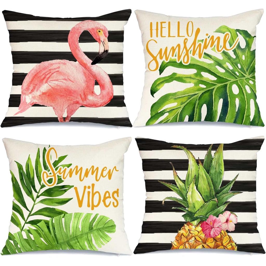 GEEORY ฤดูร้อนหมอนครอบคลุม 18x18 ชุด 4 ฤดูร้อนตกแต่งตกแต่งสําหรับบ้าน Flamingo สับปะรด Hello Sunshin