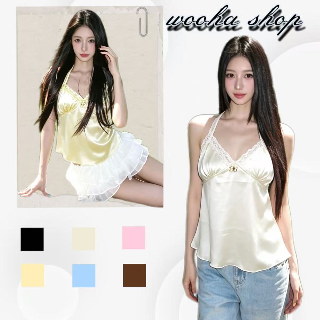 wooha shop เสื้อกล้ามเปิดหลังคอ halter ลูกไม้ สไตล์เซ็กซี่และเปรี้ยวซ่า ทำจากผ้าซาติน ช่วยให้ดูผอมเพรียวและสง่างาม