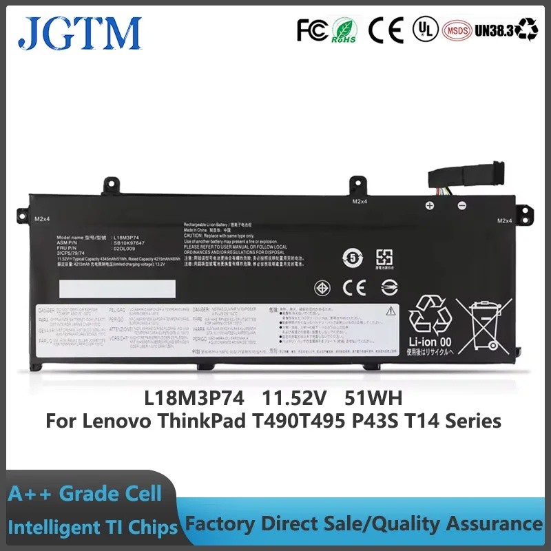 JGTM L18M3P73 L18M3P74 แบตเตอรี่แล็ปท็อปสําหรับ Lenovo ThinkPad T490 T495 P43S T14 P14s Gen 1st 2nd 