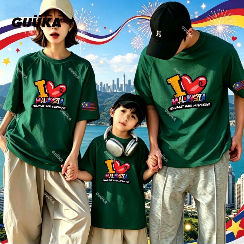 GUUKA Matching family เสื้อยืด I Love การ์ตูน Happy Merdeka family day เสื้อผ้าแม่พ่อเด็ก
