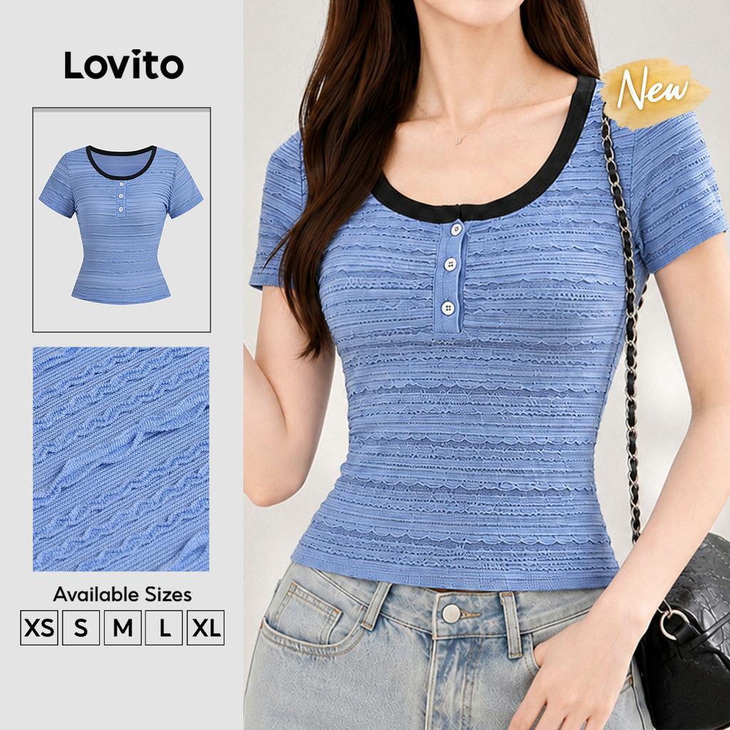 (New Arrival) Lovito เสื้อยืดลําลอง คอปกแบบกระดุม ขอบสีตัด ลายแจ็กการ์ด สําหรับผู้หญิง สีฟ้า เหมาะกั