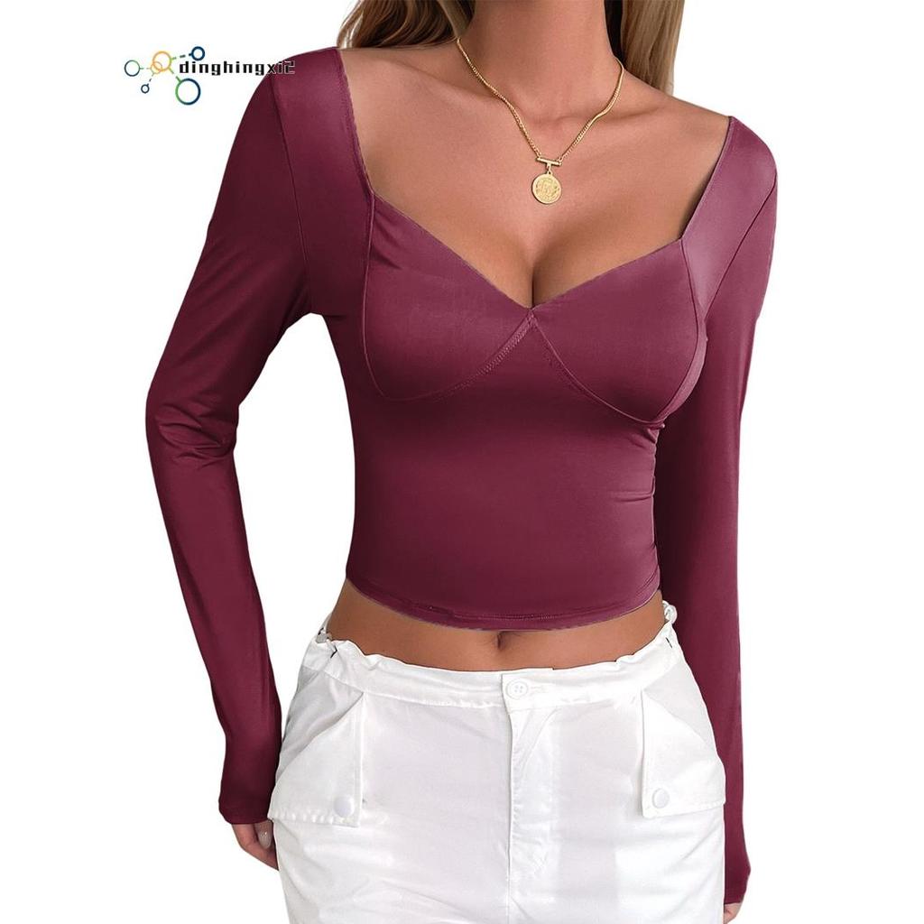 ผู้หญิงแขนยาว V คอ T เสื้อ Double Lined Crop Top Seamed Cup Going Out Tops