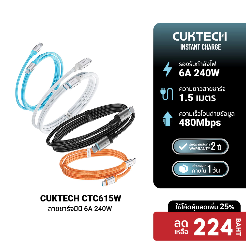 CUKTECH CTC615W 6A 240W สายชาร์จเร็ว USB-C ยาว 1.5 เมตร รองรับการชาร์จ PD3.1 สำหรับ iPhone 17 -2Y