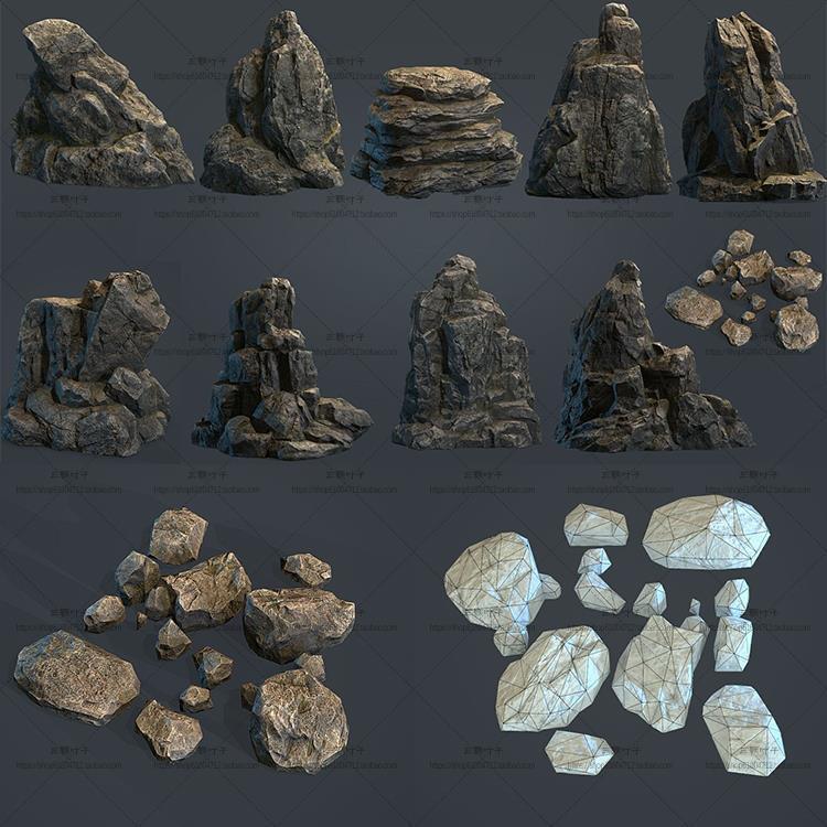 Next Generation Stone 3d สติกเกอร์รุ่น 3dsMax Fbx Obj ฉากเกมการสร้างแบบจําลองวัสดุอ้างอิง