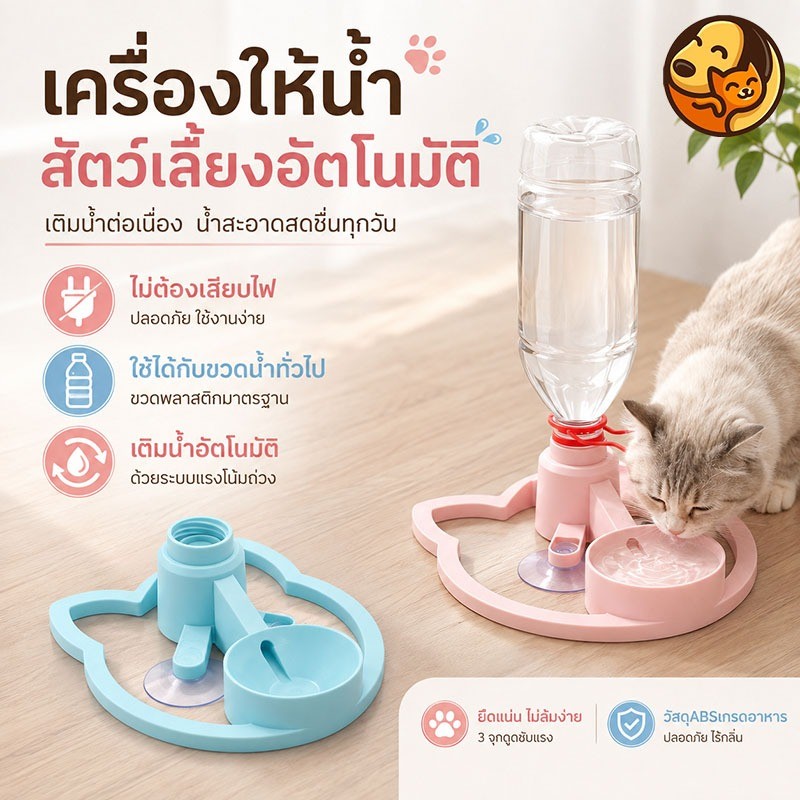 เครื่องให้น้ำแมวอัตโนมัติ แบบแรงโน้มถ่วง ไม่ใช้ไฟ ฐานดูดแน่น ใช้กับขวดน้ำทั่วไป ชามน้ำสัตว์เลี้ยง แมว สุนัขเล็ก