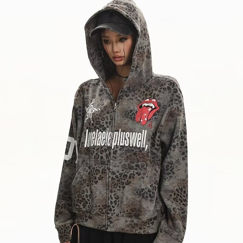 American High Street Rock Leopard Print Jacket Casual Loose Hoodie Jacket Top Women