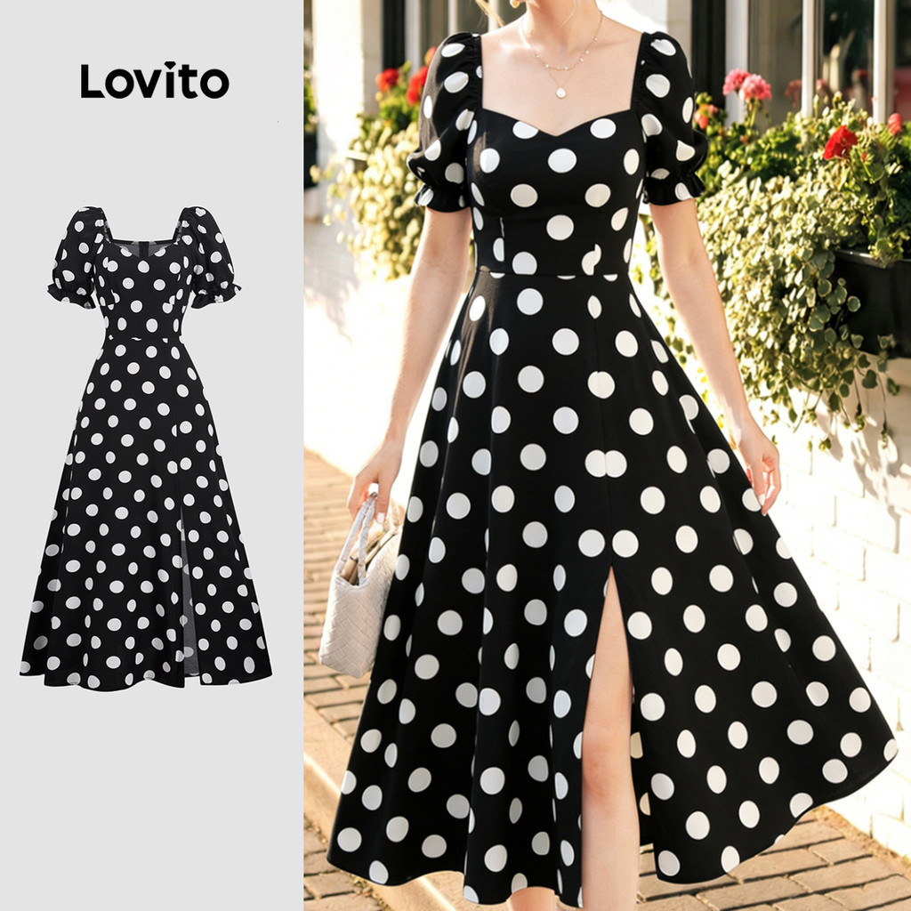 Lovito เดรสสีดําสไตล์ฝรั่งเศสผ่าข้างหรูหรา เดรสสําหรับผู้หญิงในฤดูใบไม้ผลิและฤดูร้อน LBL35176