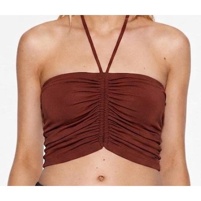 (Size M) Oysho Modal Blend Ruched Tube Top with Halter Neck in Burnt Orange - เสื้อชายหาดฤดูร้อนของผ