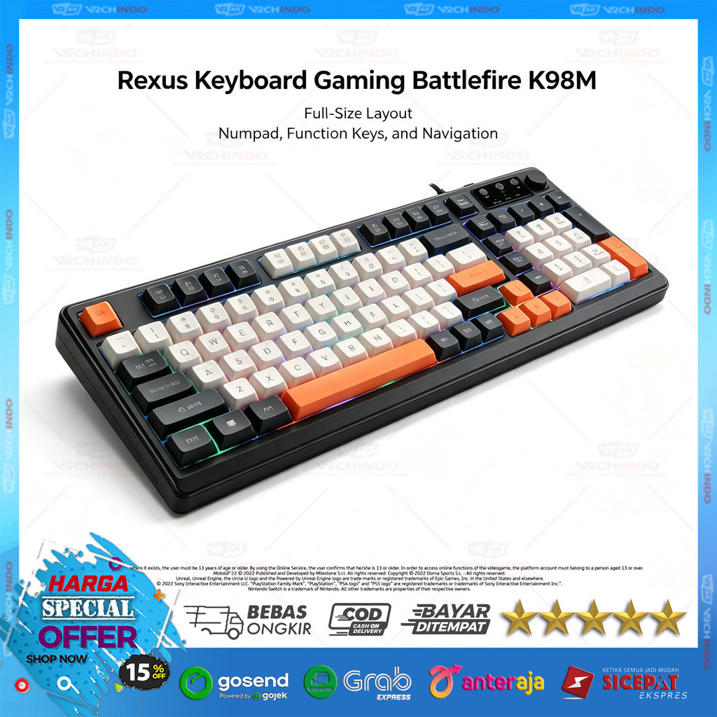 คีย์บอร์ดเกม/คีย์บอร์ด/เมมเบรนRGB Rexus K98M 98-Key USB PC Rainbow Backlight