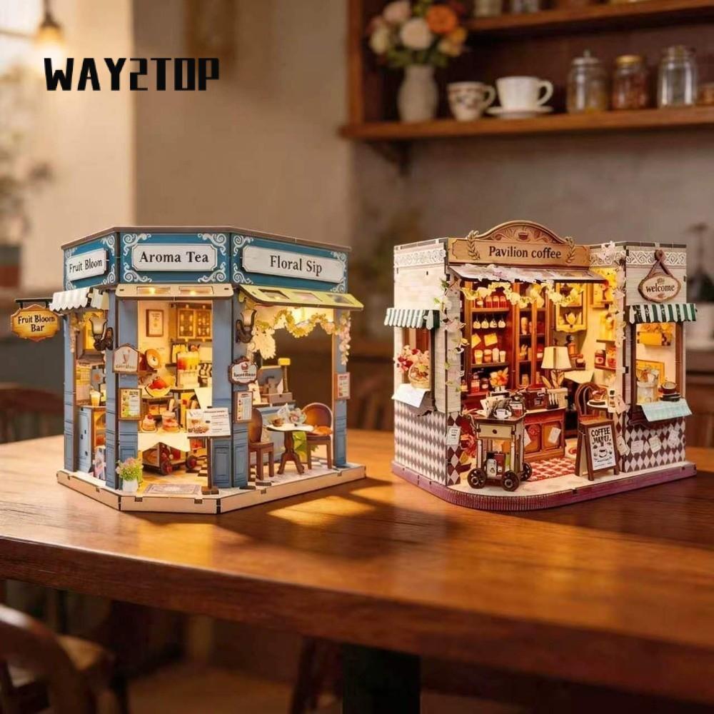WAY2TOP บ้านจิ๋วไม้, Cafe LED Light Mini Dollhouse Kit, Craft Pub DIY Puzzle Building Model Kids