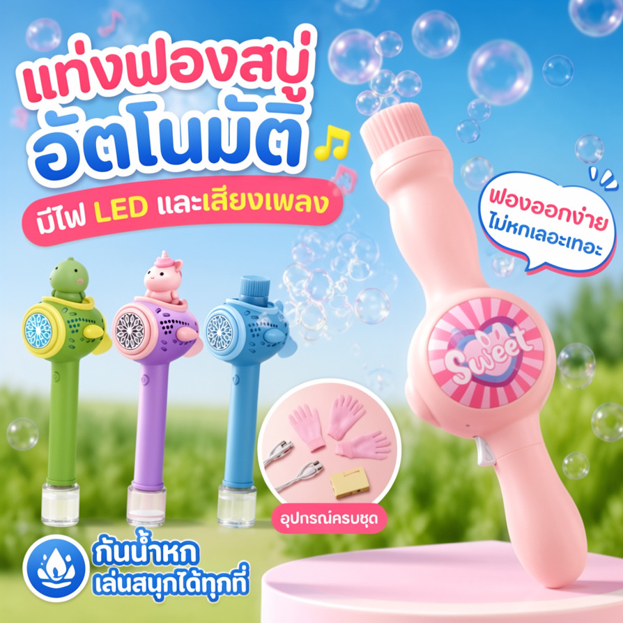 แท่งฟองสบู่อัตโนมัติ มีไฟLEDและเสียงเพลง กันน้ำหก ฟองออกง่าย ของเล่นกลางแจ้ง สำหรับเด็กผู้ชายผู้หญิง