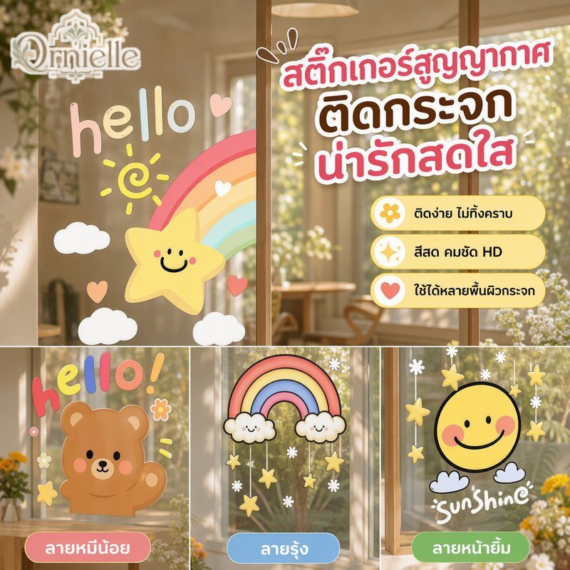 Static Cling สติกเกอร์หน้าต่างการ์ตูนดอกไม้หมีสายรุ้งรูปแบบกันน้ํา PVC Glass Decor