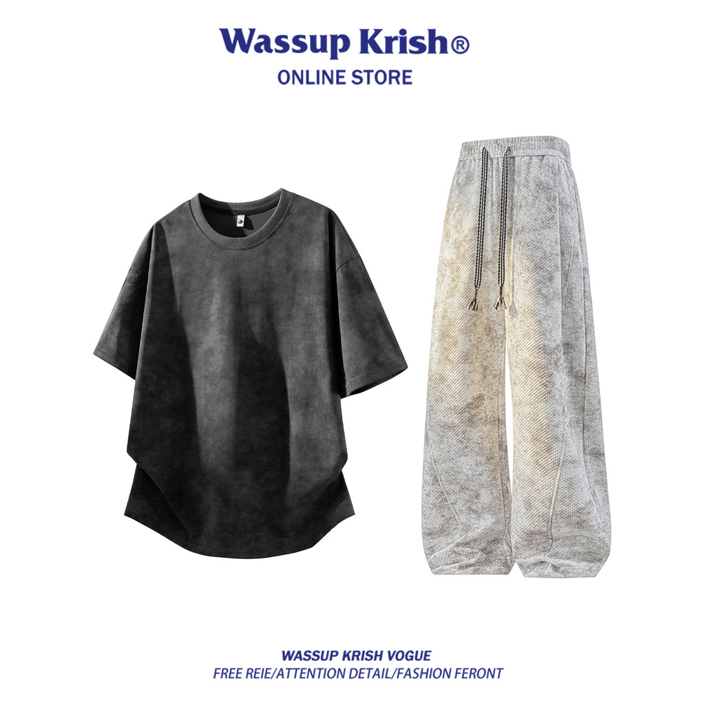 WASSUP KRISH สไตล์อเมริกัน Tie-Dye ชุดลําลองผู้ชายฤดูร้อนแขนสั้นเสื้อยืดกางเกงหล่อสวมใส่ทั้งชุด