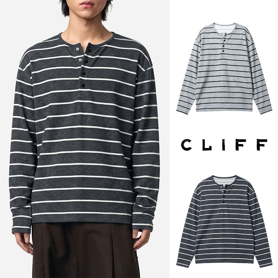 CLIFF เสื้อยืดแขนยาวลายริ้ว เย็บสีตัดกัน ทรงหลวม เนื้อผ้าบางเบา ระบายอากาศดี สไตล์เกาหลี ยูนิเซ็กซ์ ลำลอง
