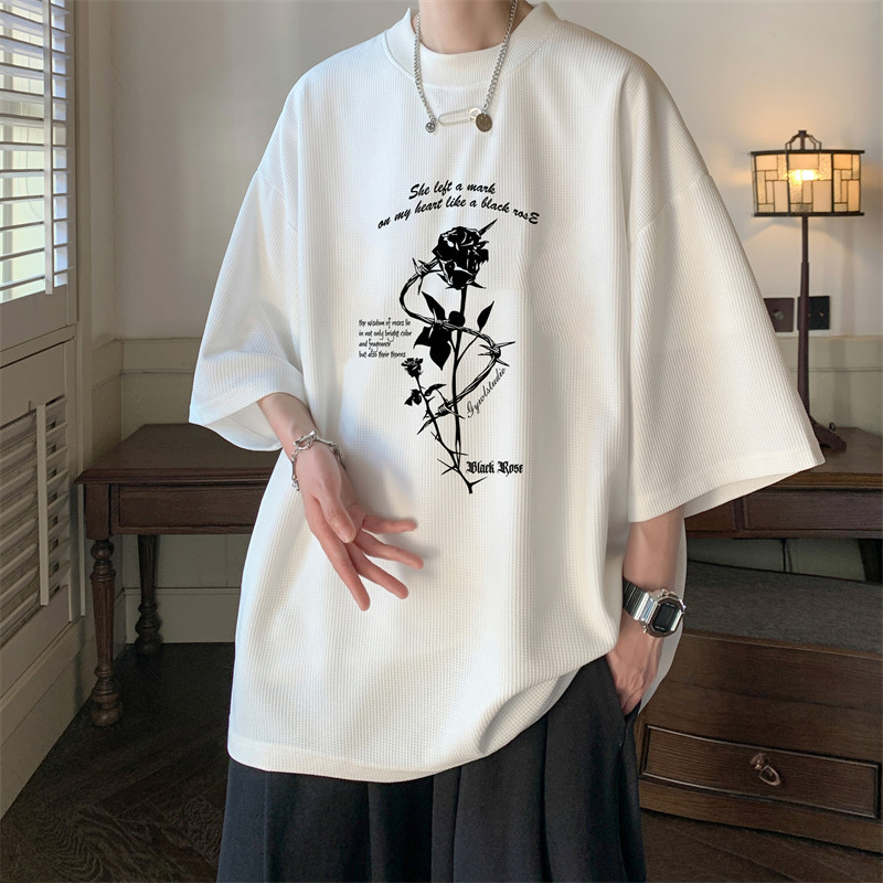Rose Waffle เสื้อยืดแขนสั้นผู้ชายฤดูร้อน Street Wear หลวม Heavy ครึ่งแขนผู้ชาย High Street อเมริกันส